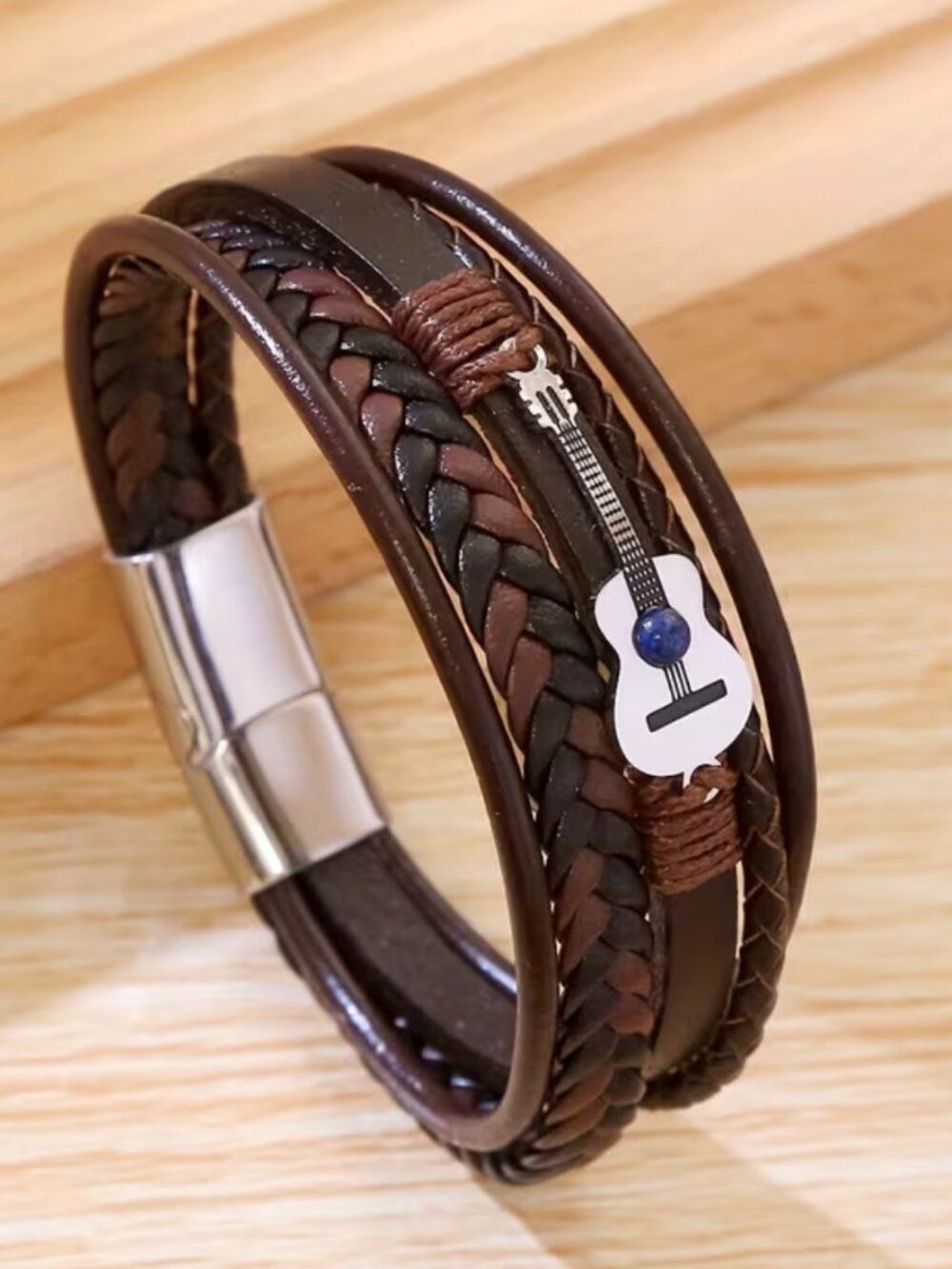 NWT Unisex Acoustic Guitar Bracelet Multi-Layered Vegan Leather Guitar Charm